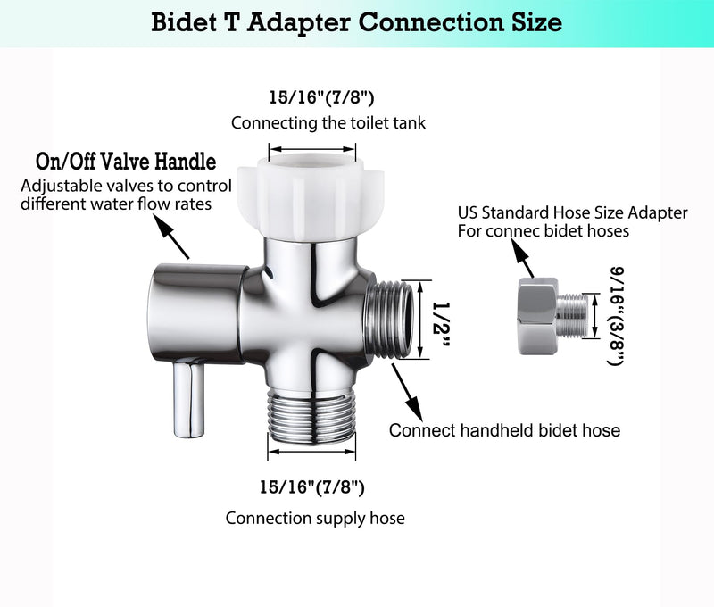 Bidet T Adapter With Shut off Valve,3 Way T Valve for Bidet, Brass T Adapter for Handheld Toilet, 7/8"×7/8"×1/2" or 3/8" Chrome