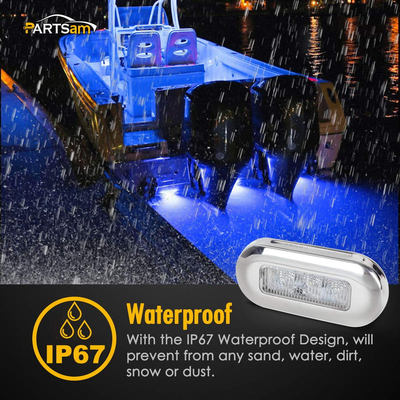 Partsam 4pcs 3" Blue LED Oblong Courtesy Light for Marine Deck Transom Stern, Yacht, Pontoon, Fishing Boat, Kayak, Sailboat - Sealed Cabin Lights, 12V, Clear Lens, Surface Mount