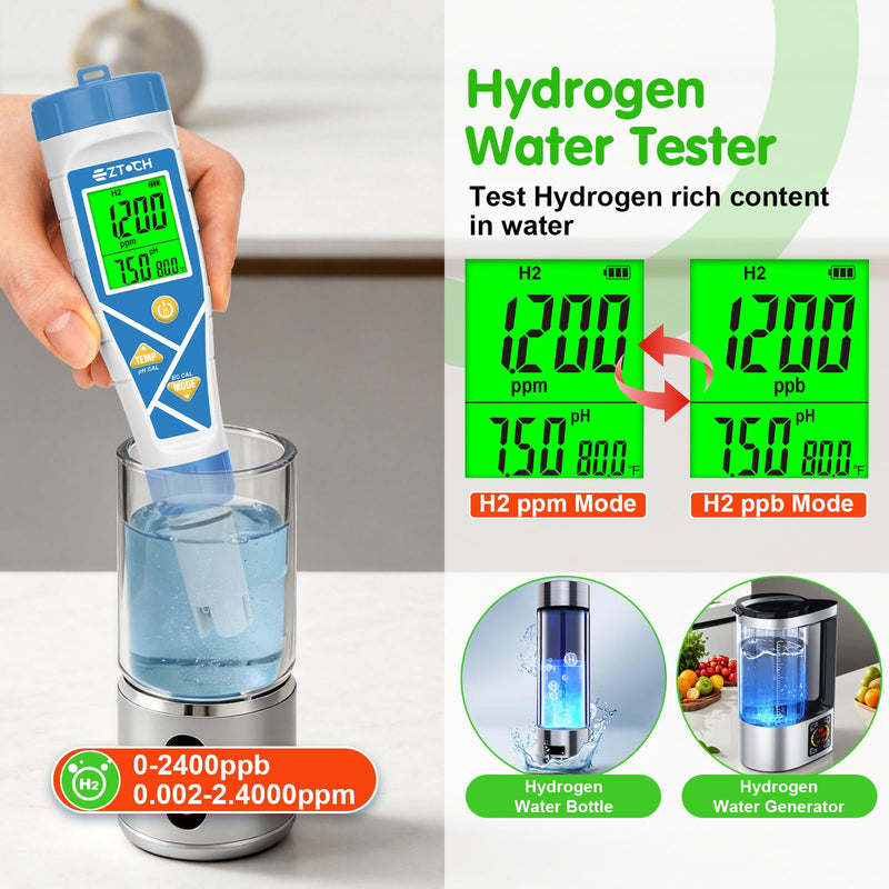 Pool pH Salt and Chlorine Tester 8 in 1 Digital pH Salinity TDS EC Chlorine ORP H2 for Salt Water Pool, Hot Tub, Hydroponic, Aquarium, Hydrogen Water Bottle, Simultaneously Display pH&CI-Temp Blue-8