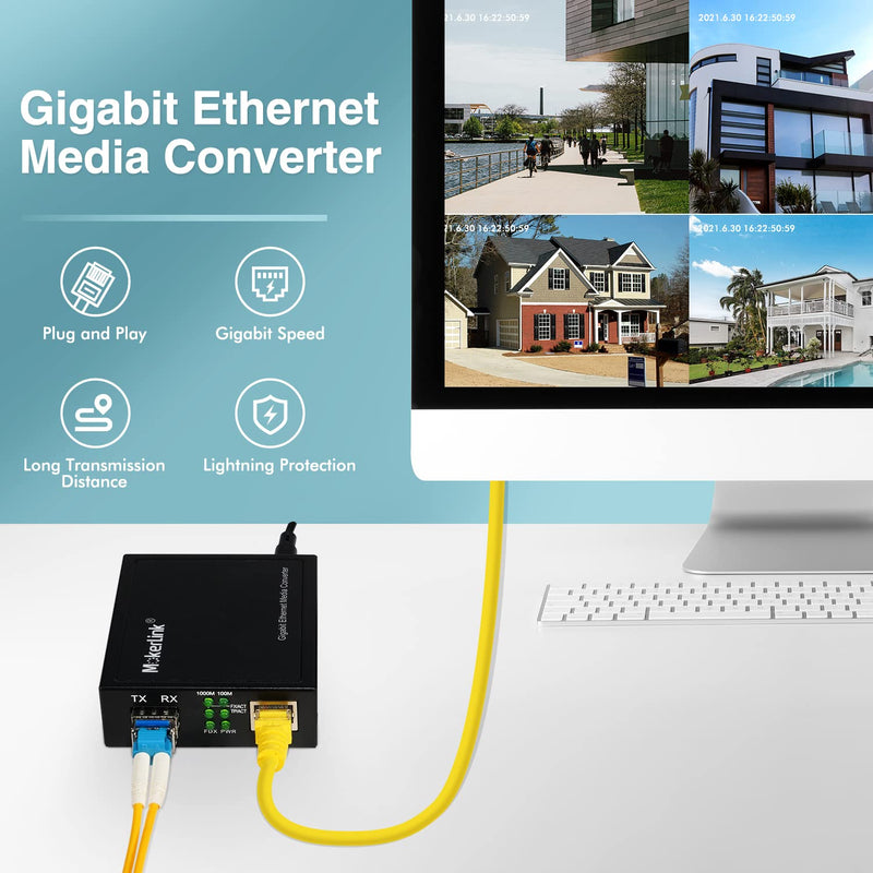 MokerLink Gigabit SFP to RJ45 Converter, A Pair 2 Pack Single-Mode Fiber to Ethernet Media Converter, 10/100/1000Mbps RJ45 Port, 1000Base-LX SFP Module 1310nm up to 20KM 2 Pack Single Mode
