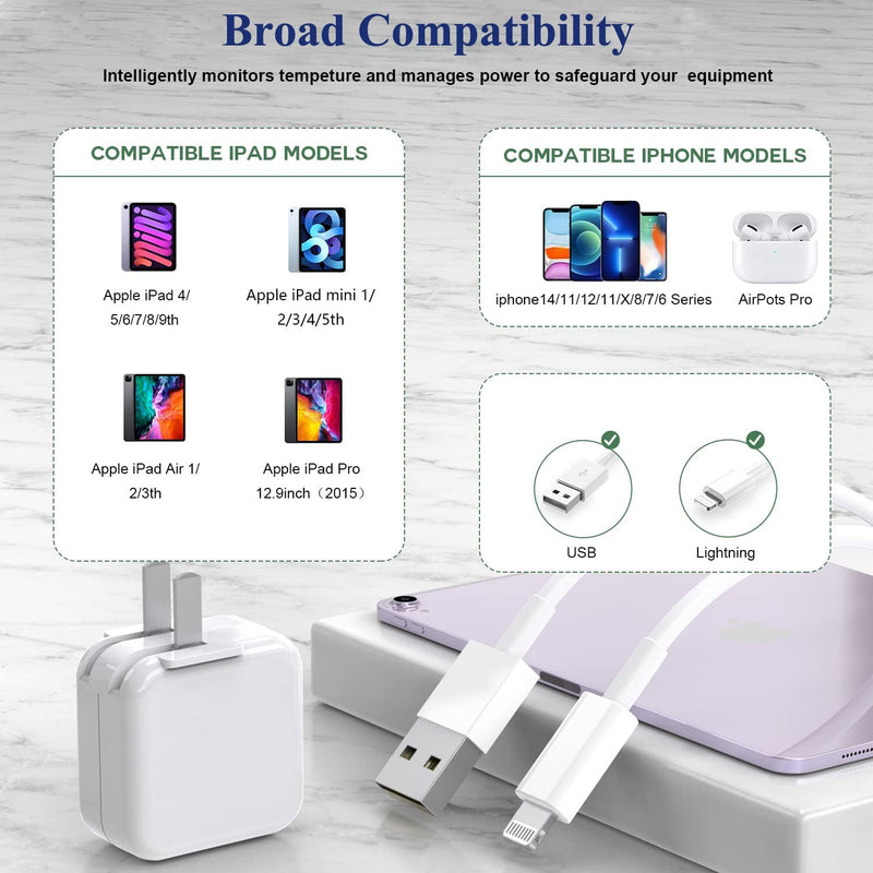 2Pack iPad Charger, 10FT Fast Charger iPad Cord with 12W USB Wall Charger Block Foldable Portable Apple Adapter Plug Lightning Cable Compatible with iPad4/5/6/7/8/9,iPadMini 1/2/3/4/5,iPadAir 1/2/3 2Pack 10FT 2