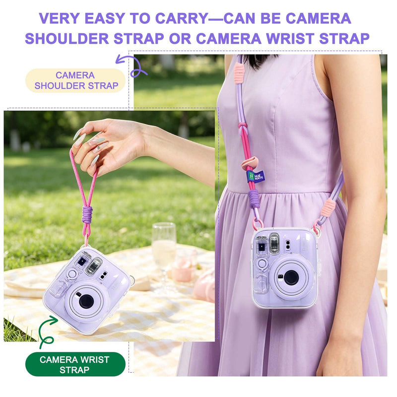 Clear Camera Case for Fujifilm Instax Mini 13, Purple Camera Strap | Protective Cover with Anti-Accidental Shutter, 4 Composition Cards, Photo Storage Holds 10 Films,Clear Hard Shell, No Camera
