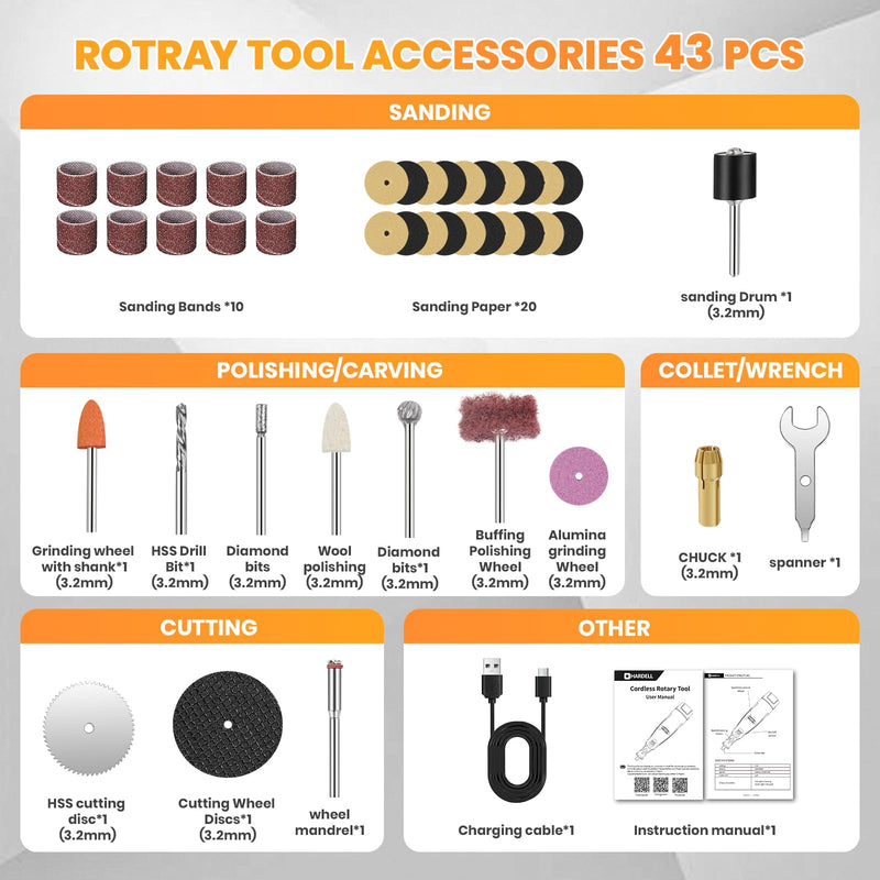HARDELL Upgrade 12V Cordless Rotary Tool Kit 6-Speed 10000-25000RPM 43 Pcs | Removable Battery 1500mAh Long Runtime for Sanding Polishing Drilling Cutting DIY 12.0 Volts