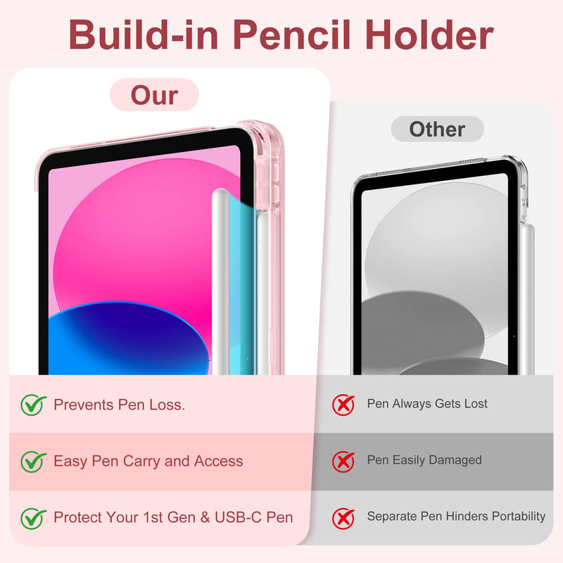 for iPad A16 11th 10th Generation Case with Pencil Holder 11 inch | for iPad 10th Gen Case 10.9 inch 2022/ 2025 with Full Protective Trifold Stand Cover, Hard Translucent Back,Pink Pink