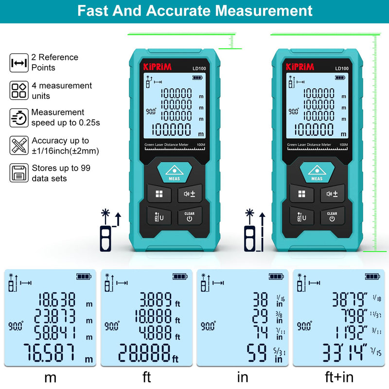 Kiprim Green Laser Distance Meter, 328ft Measuring Tool with USB Type-C Rechargeable Battery, ±1/16" Accuracy, Electronic Level, 10 Modes, Class II Laser, Reflector Plate LD100