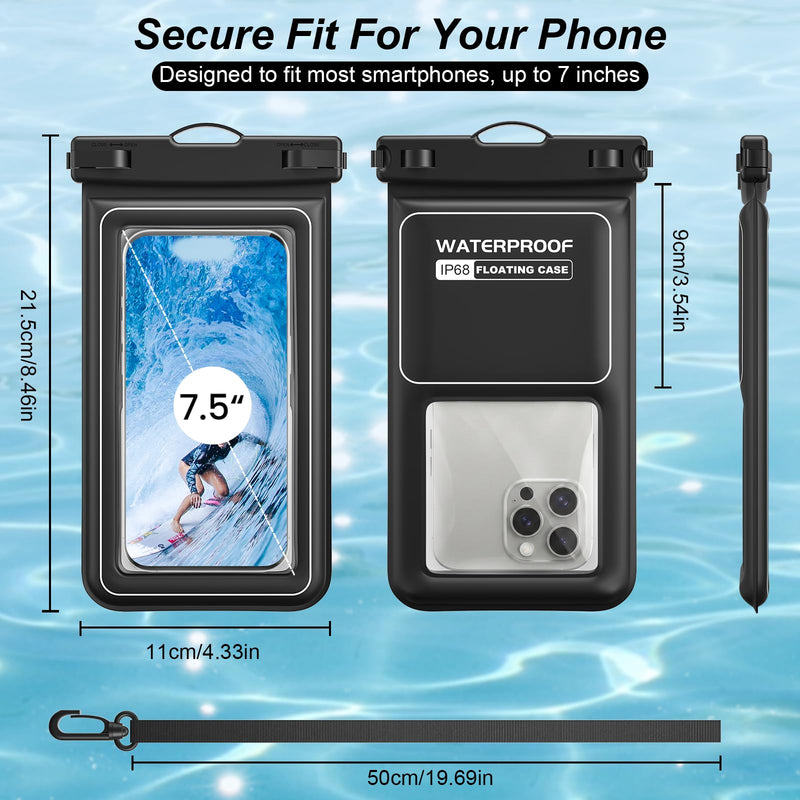 2Pack 8.5" IP68 Floating Waterproof Phone Pouch with Card Holder | Lanyard, Phone Dry Bag for iPhone 17 16 15 14 13 Pro Max, Galaxy S26 S25 S24 Ultra, Beach Cruise Travel Essentials Black