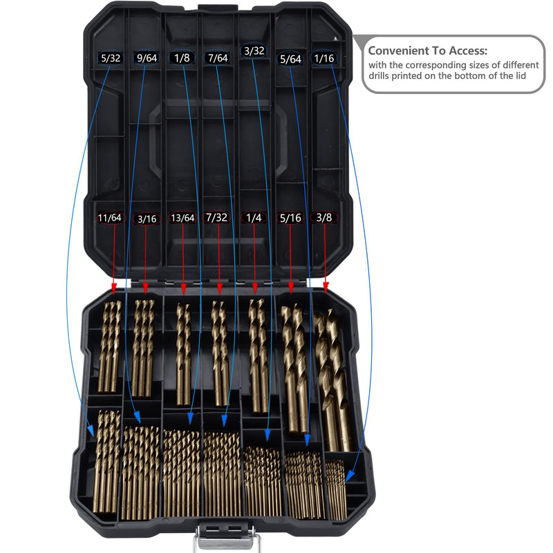 Cobalt Drill Bits Set for Hardened Metal and Stainless Steel, 99Pcs M35 High Speed Steel Twist Jobber Drill Bits 1/16"-3/8", with Plastic Index Storage Case 1/16-3/8 in (99 pcs)