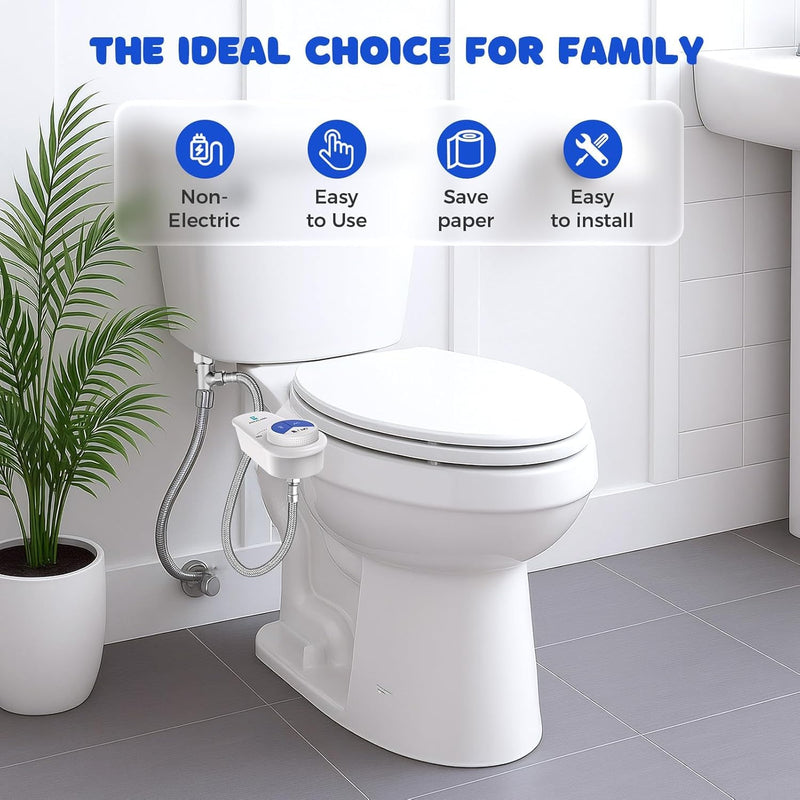 POCALAND Bidet Attachment for Toilet Seat, Non-Electric Cold Water Bidet with Pressure Controls, Dual Nozzles for Frontal & Rear Wash, Retractable Self-Cleaning for Female & Old- White