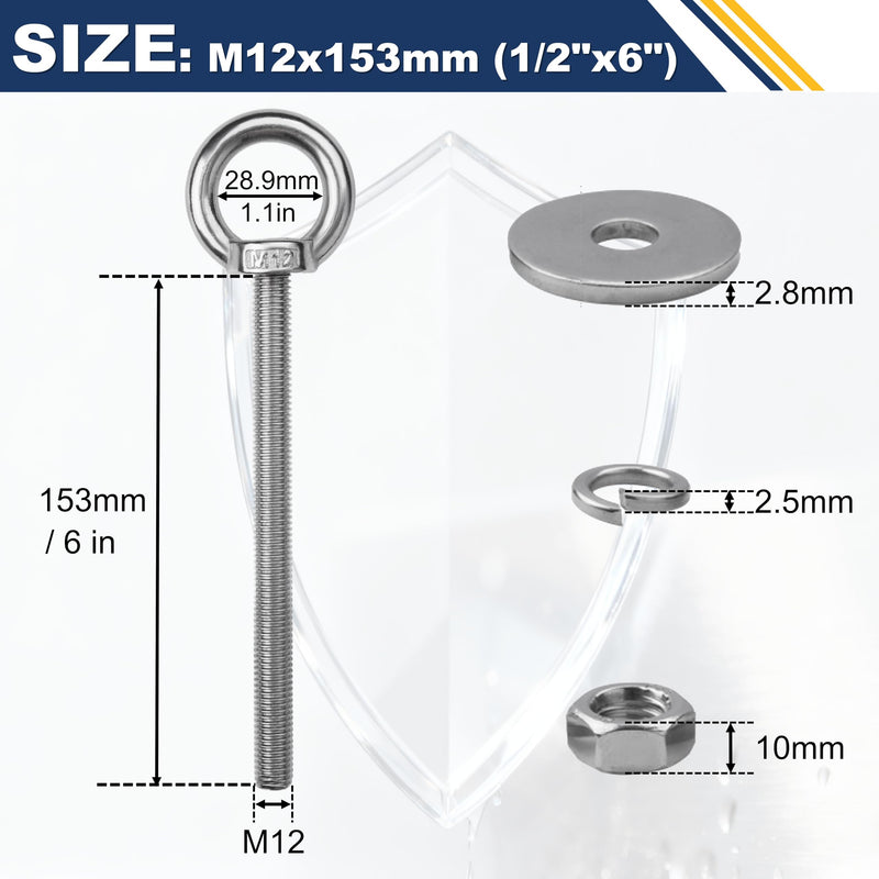 4 Pack M12 Stainless Steel Eye Bolts with Nuts, 1/2" x 6" Long Lifting Ring Eye Bolt， Eye Bolts Heavy Duty for Hang Tie Down Outdoor (4, M12x153mm (1/2"x6")) M12x153mm (1/2"x6") 4