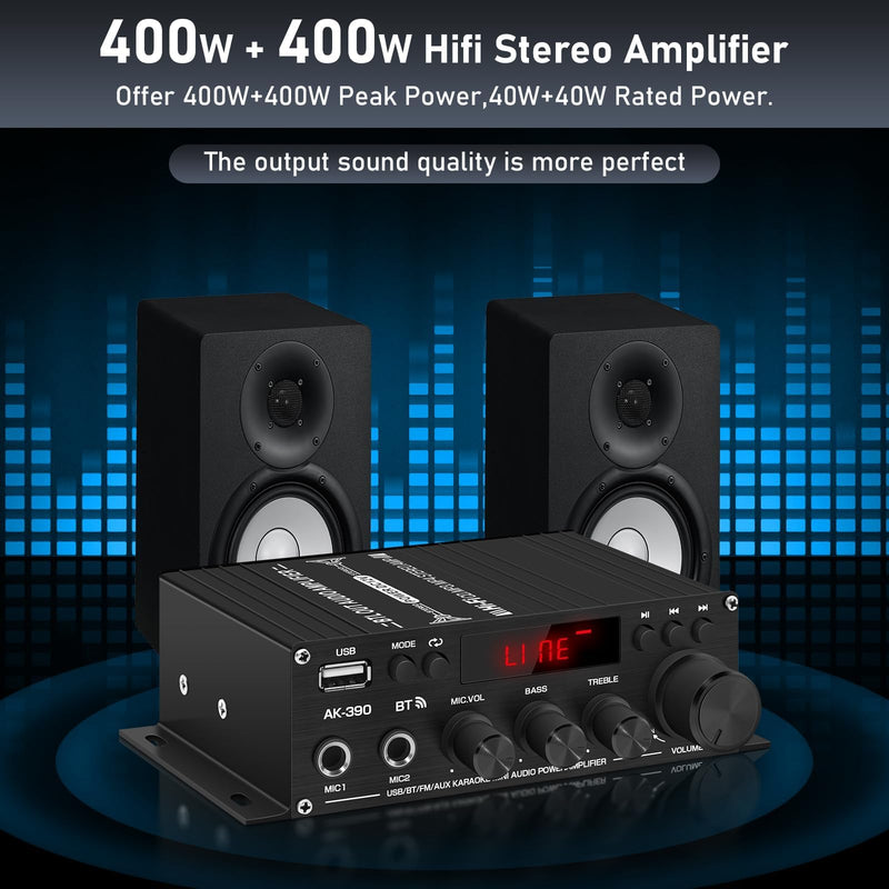 Stereo Amplifier Home Audio Receiver AK-390,AMP Speaker Bluetooth 5.0 Amplifier 400W+400W 2 Channels with 12V/5A Power Amplifier HiFi Amplifier FM Radio,(BT,USB, AUX, Mic)Input for Home Party