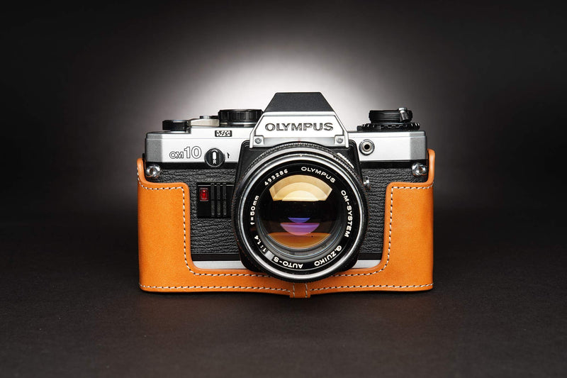 OM30 Case, BolinUS Handmade Genuine Real Leather Half Camera Case Bag Cover for Olympus OM10/30(with Handle) OM20(No Handle) Camera with Hand Strap (Yellow) Yellow