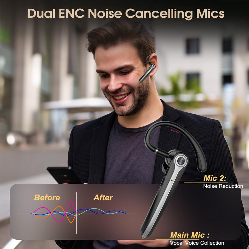 Atheewon Bluetooth Headset, Wireless Bluetooth Earpiece, Black | ENC Noise Canceling Mic, 120Hrs Talk, LED Display, IPX7, V5.4 Hand-Free Earphone for Business/Trucker/Driver