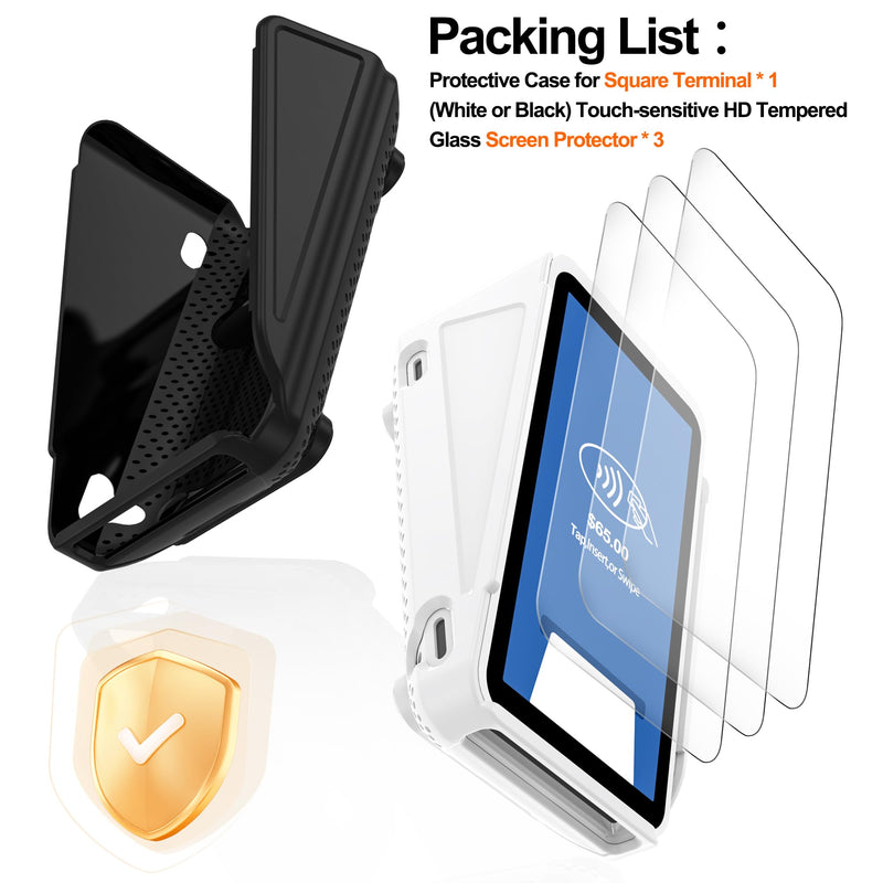 Kailfee Protective Case and Screen Protector*3 for Square Terminal Card Reader - Rubberized Hard Casing with Non-Slip Base and Tempered Glass (Black Black