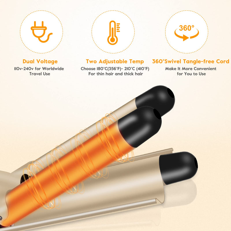 3 Barrels Hair Crimper, 22mm Curling Iron, Beach Mermaid Waves Hair Waver | Curling Tongs, Hair Curler with 2 Temperature Control Quick Heating, Waver Curling Wand for Long or Short Styling