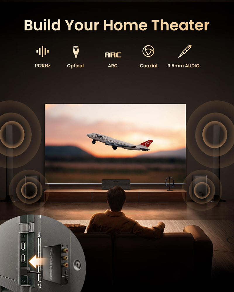 HDMI ARC Audio Extractor 4K@60Hz, 192KHz HDMI ARC Audio Adapter Converter Splitter to Optical TOSLINK SPDIF + RCA L/R+ Coaxial and Analog 3.5mm Stereo for Soundbar HDTV Speaker Amplifier Headphones Black