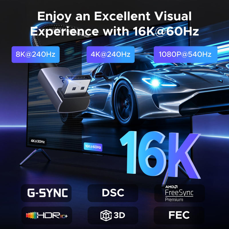 UGREEN 16K@60Hz 6.6FT 80Gbps Right Angle DisplayPort Cable DP 2.1, 6.6FT | Support 1080P@540Hz 8K@240Hz, High Speed Braid, 3D HDR HDCP2.3 DSC1.2a VRR Compatible with PC Graphics RTX 5090 4090, HDTV