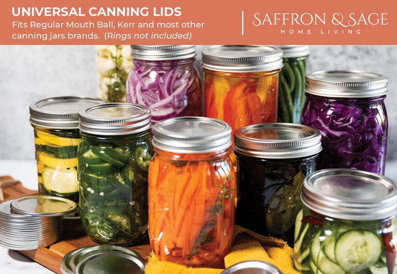 Saffron & Sage Canning Lids Regular Mouth - 120 Count Quality Universal Lids for Ball, Kerr Mason Jars - Good Sealing Performance for a Tight Seal, Food Grade, Rust Proof, and Thick to Prevent Warping 70mm