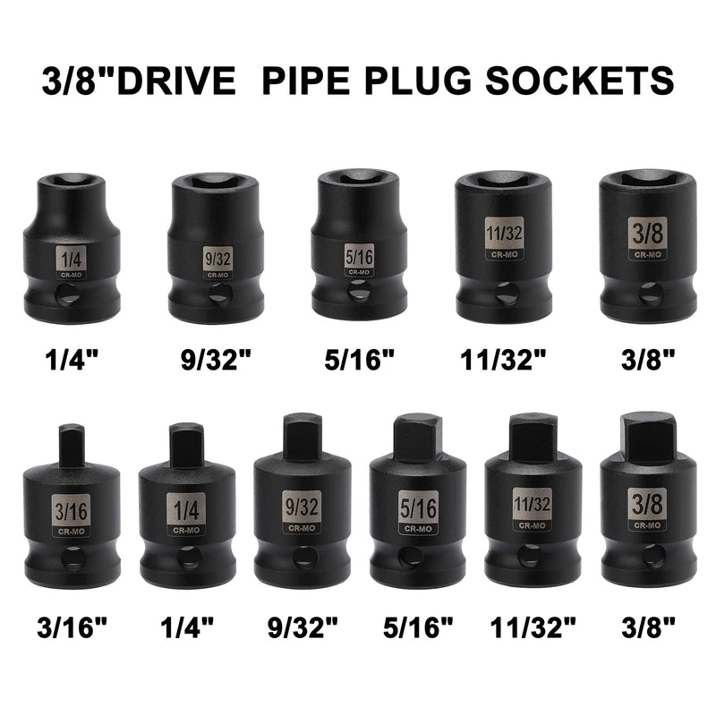  [AUSTRALIA] - Mayouko 11PCS 3/8" Drive SAE Pipe Plug Socket Set, Tapered Male Square Drive, Chamfered Female Square Drive, CR-MO