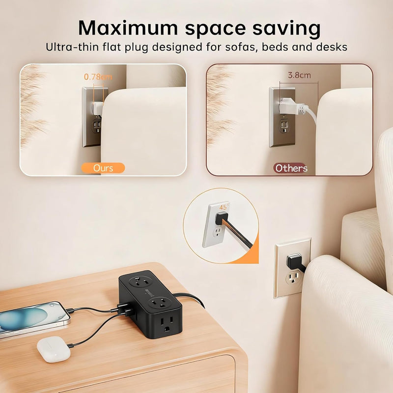 Power Strip with USB, SMALLRT 2 Pcs Flat Extension Cord with Multiple Outlets，3.3FT Flat Plug Power Bar with 4 Outlet Extender for Travel, Hotel, Dorm, Cruise Eessentials, No Surge Protection, Black 3.3 Ft-2pc