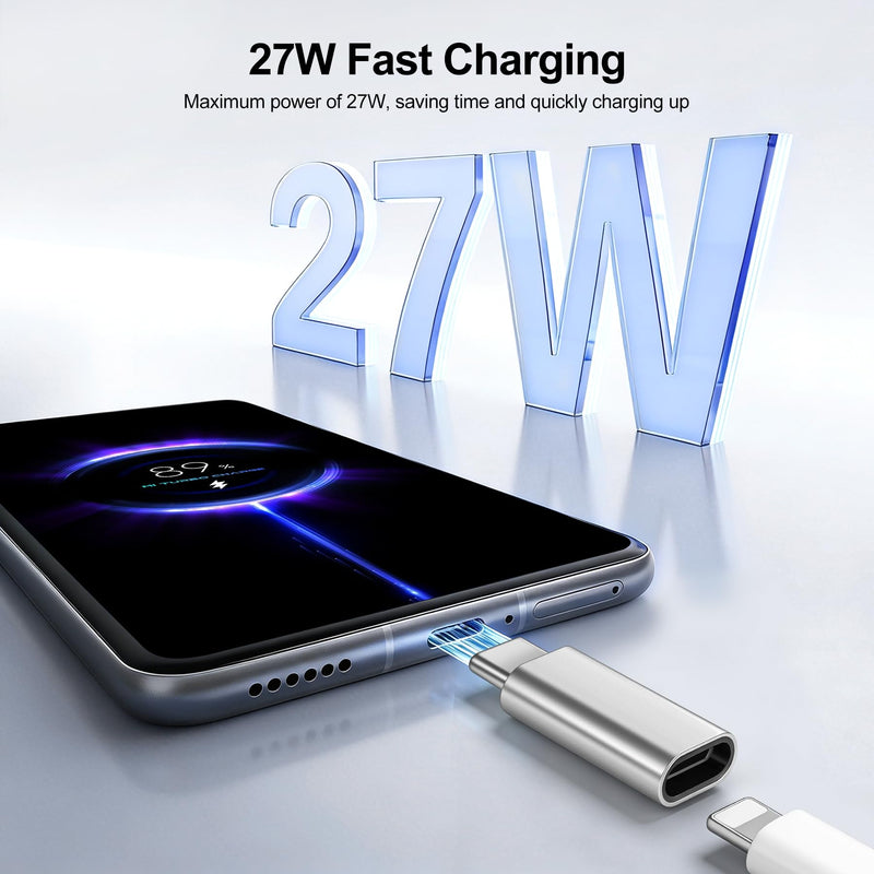 Adapter Compatible with Lightning to USB-C(2-Pack) | Supports 480Mbps Data Transfer, 27W Charging, [Audio not supported] Metal housing for Excellent Heat Dissipation - Silver Lightning female– USB-C male