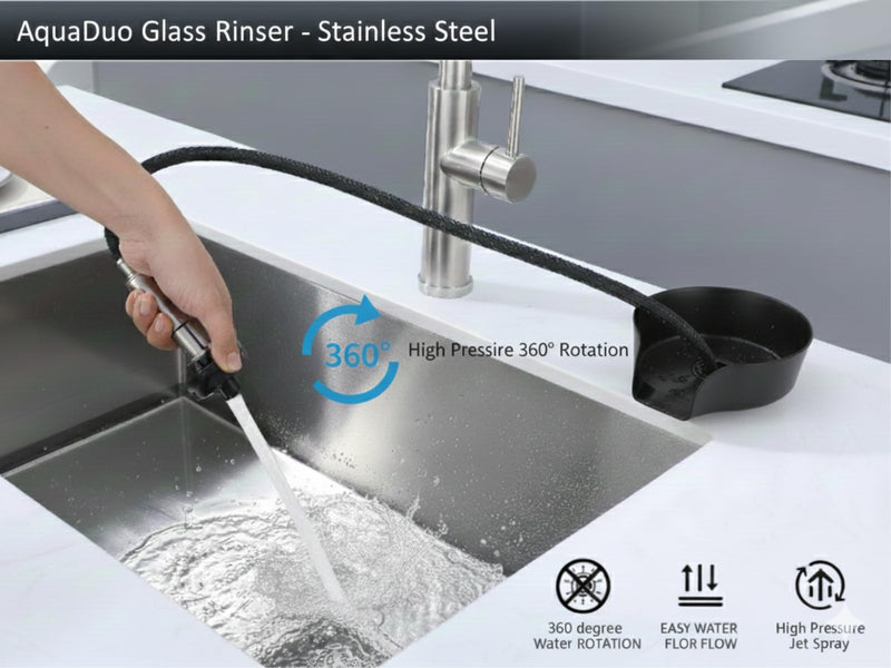 AquaDuo Glass Rinser and Kitchen Sink Sprayer Combo, Stainless Steel Cup Washer, Cup Cleaner, Bottle Washer, Glass Cleaner, Bar Sink Attachment, Pull Out Sprayer (Matte Black (Stainless Steel)) Matte Black (Stainless Steel)