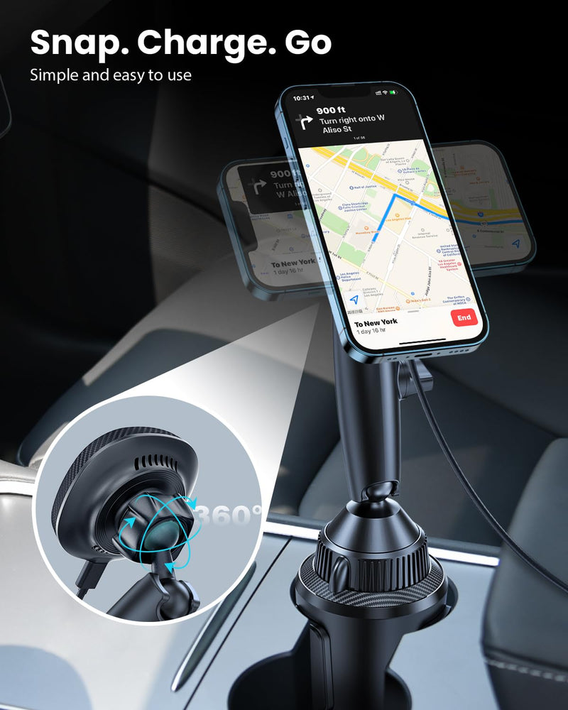 EXELIQ Cup Holder Phone Charger for Magsafe, Wireless Magnetic Car Mount | Heat Dissipation System, 15W Fast Charging Car Cup Phone Holder for iPhone 17 16 15 14 13 12 Pro Max Mini with PD 30W Adapter