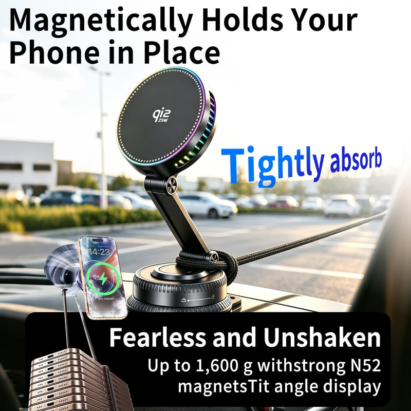 for Qi2.2 25W MagSafe Car Mount Charger,【7omm Big Suction Cup + Cooling Fan】 Magnetic Wireless Car Charger with 45W Adapter,Vacuum Suction Cup Phone Mount for iPhone 17-12,Android,Samsung