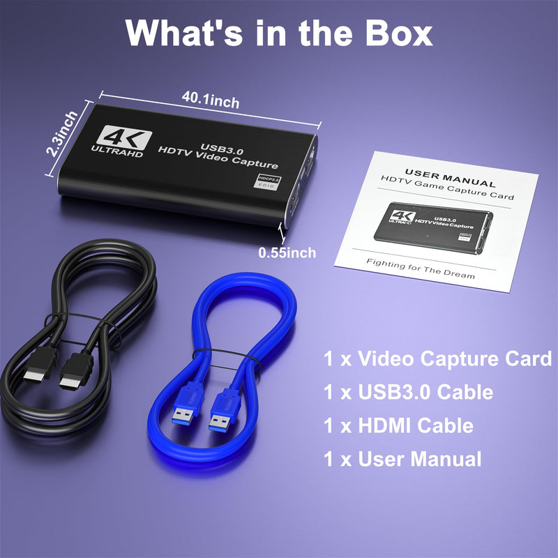 4K HDMI Capture Card, USB 3.0 Video Capture Card for Streaming | Wide Device Compatibility, OBS Compatible, 1080P 60FPS Recording Support