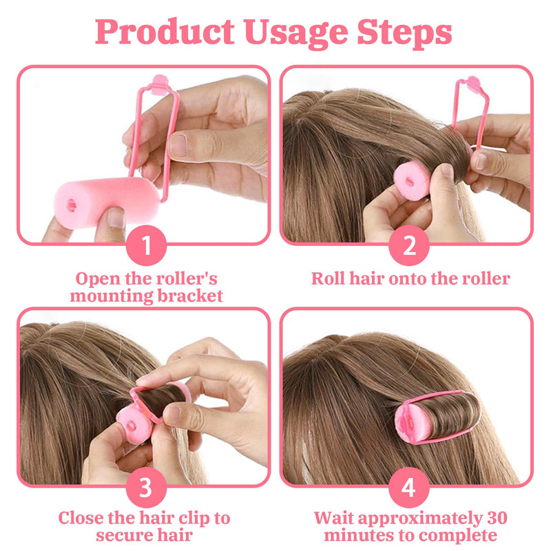 Soft Sponge Hair Rollers 12 Pack, Overnight Curlers, Pink | For overnight styling, built-in fastening bands, no separate pins or clips, gentle hold, suitable for women and girls