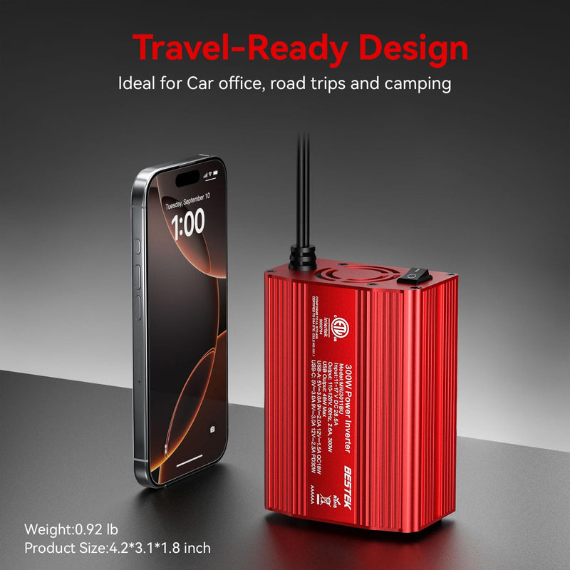 BESTEK 300W Car Power Inverter - DC 12V to 110V AC Car Plug Adapter with 30W USB-C & 18W USB-A Dual AC Outlet, Fast Car Charger Adapter for Laptop, Vehicles, Road Trip Essentials Red