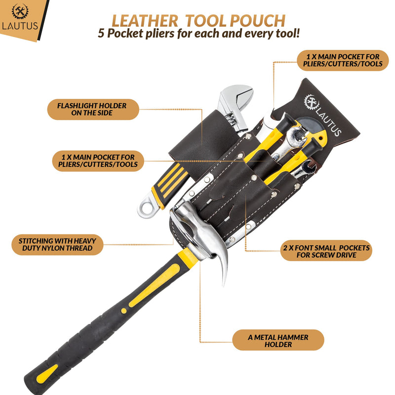 LAUTUS 5 Pockets Pliers & Hammer Holder| Oiled Tanned Leather Holder |Carpenter, Construction, Framers, Handyman| Heavy Duty|