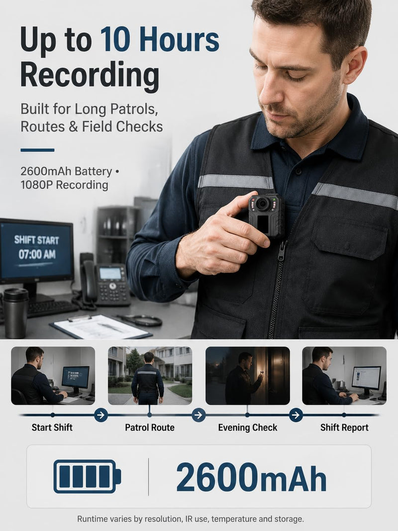 SPIKECAM 10 Hours Body Cameras with Audio and Video Recording, Real 1080P Body Cam for Security Guards, 2-Inch Screen Bodycam with Clear IR Night Vision, USB-C, 360° Clip 32G