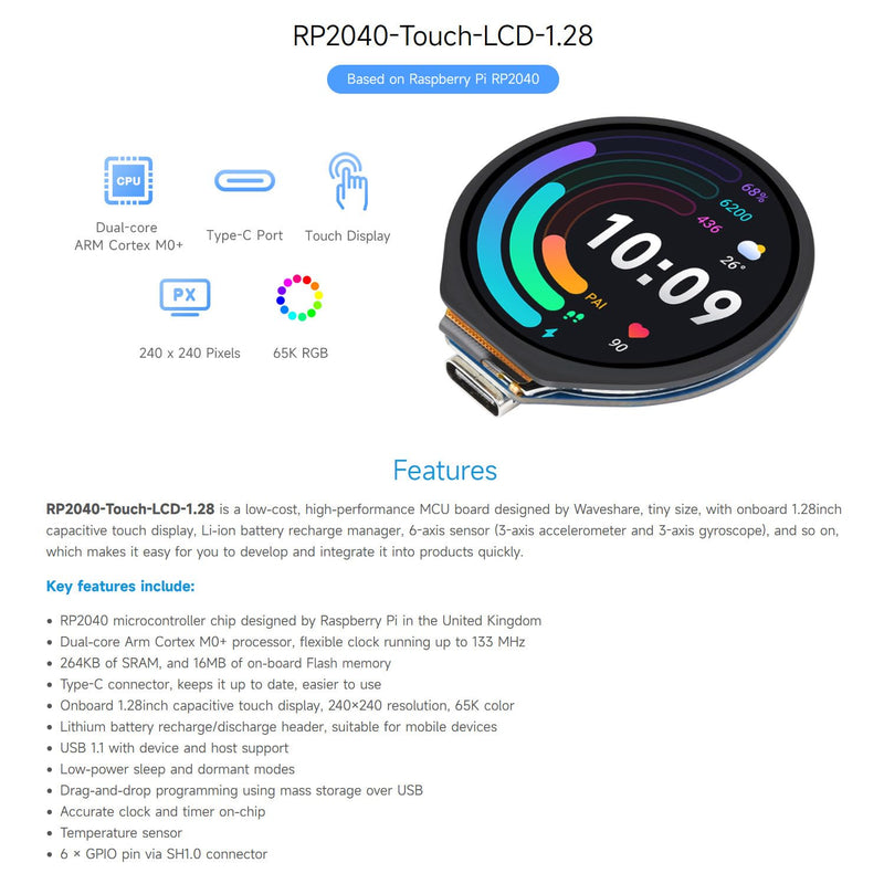 Waveshare RP2040 Microcontroller Development Board, with 1.28inch Round Touch LCD, Compact Size, Accelerometer and Gyroscope Sensor