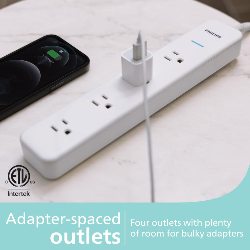 Philips 4-Outlet Surge Protector, 4ft Braided Extension Cord, 450J, Adapter-Spaced, White - SPP3563W/37