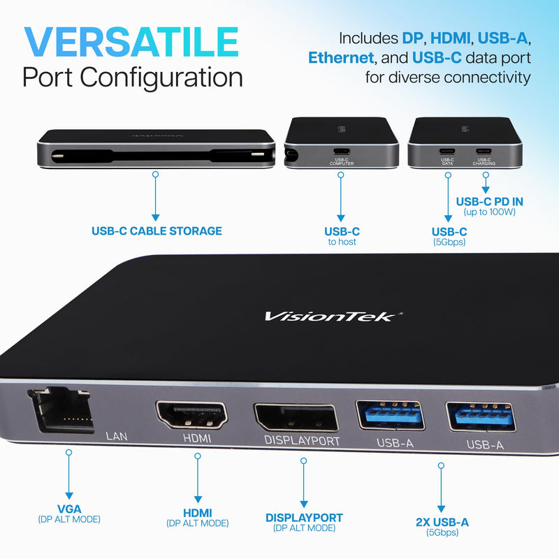 VisionTek VT350 Portable USB-C Dual Monitor Hub - 1x DP, 1x HDMI, 2X USB-A, 1x Ethernet, 1x USB-C for Windows/MacOS/ChromeOS/iOS | Dual Display via HDMI/DP, 100W PD USB-C hub, Plug & Play, Windows MST, Mac SST Support, Travel Dock, Charger not included