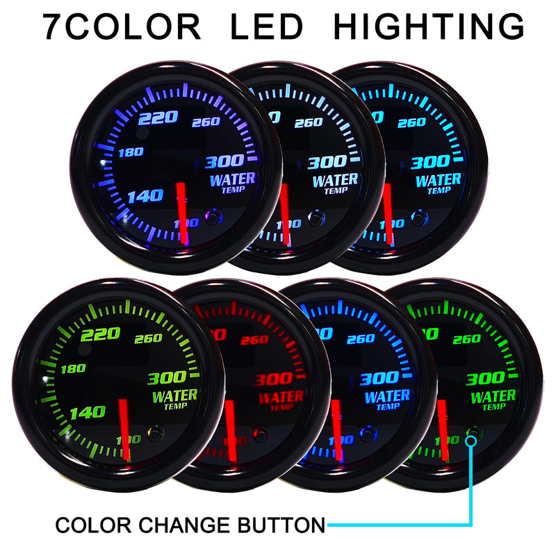 Tinted 7 Color Water Coolant Temperature Gauge 300℉ Kit 2"(52mm) Includes 1/8-27 NPT Electronic Sensor Wiring Multi Color Display Black Dial Smoked Lens White Housing for Car Truck