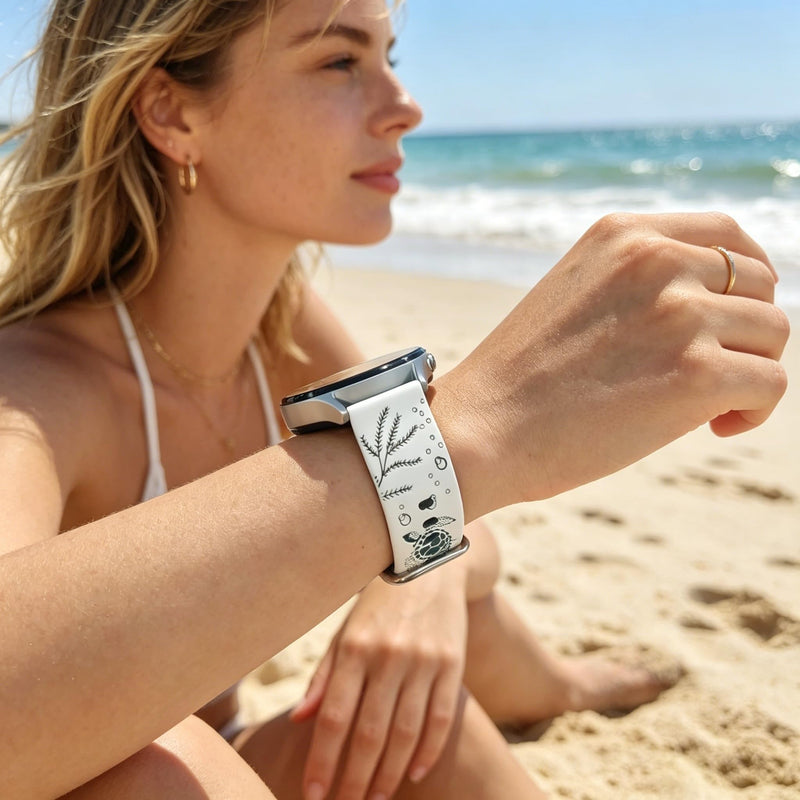 Sea Turtle Engraved Bands for Samsung Galaxy Watch 9/8/7/6/5/4 (40mm/44mm) | Soft Cute Silicone Sport Band for Galaxy Watch 3(41mm)/5 Pro(45mm) Active 2(40/44mm) Garmin Vívoactive 6/5/3 Amazift Active 2 White/Pine Needle Green