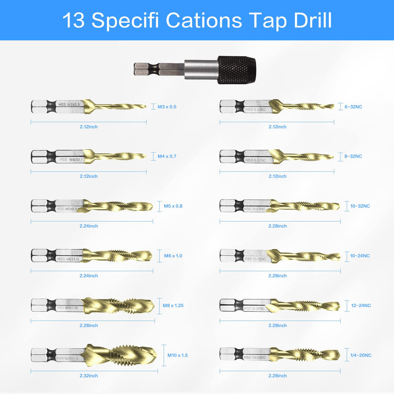 Combination Drill & Tap Bit Set, 6 pc SAE (6-32NC ~ 1/4-20NC) and 6 pc Metric (M3 ~ M10) Titanium Coated Drill Bits Kit for Drilling Screw Threads Tapping Countersinking, with Quick Change Adapter 13 Pcs Drill Tap Set