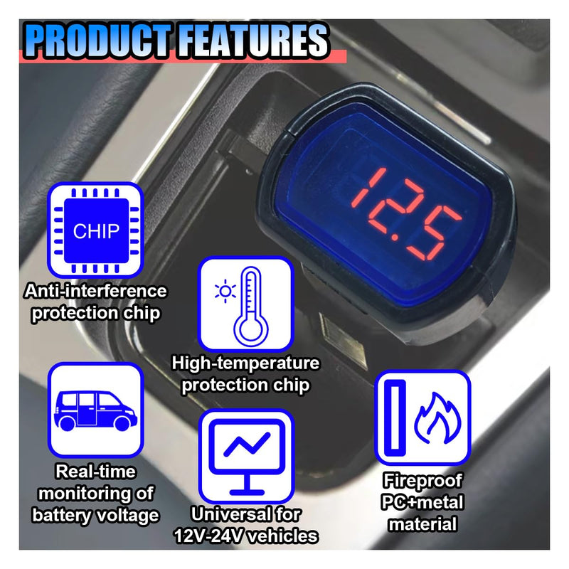 Car LED Digital Voltmeter, DC 12V/24V Cigarette Lighter Voltage Meter, Volt Gauge Battery Monitor, Digital Voltage Display for Auto Car Truck