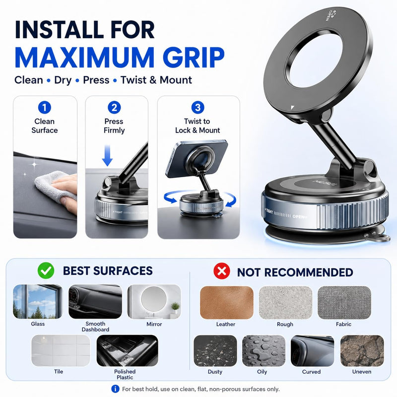 MUSEL Magnetic Car Phone Holder for MagSafe, Vacuum Mount for iPhone 17-12 | 88 lb suction hold, 2600 gf magnetic force, 22 N55 magnets, 360 degree rotation, bottom plate and ring included, dash mount