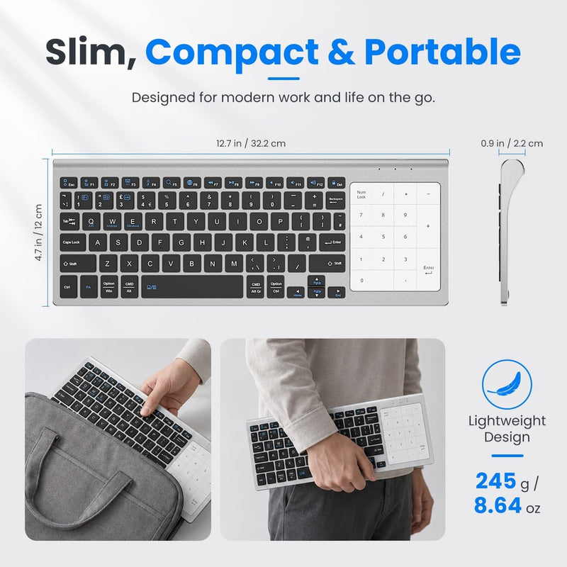 SOPPY Multi-Device Wireless Keyboard with Numeric Touchpad, Mini Bluetooth Keyboard, Stainless Steel Slim Wireless Keyboard with USB Receiver for MacBook/iPad/Tablet/PC/Laptop, QWERTY US Layout