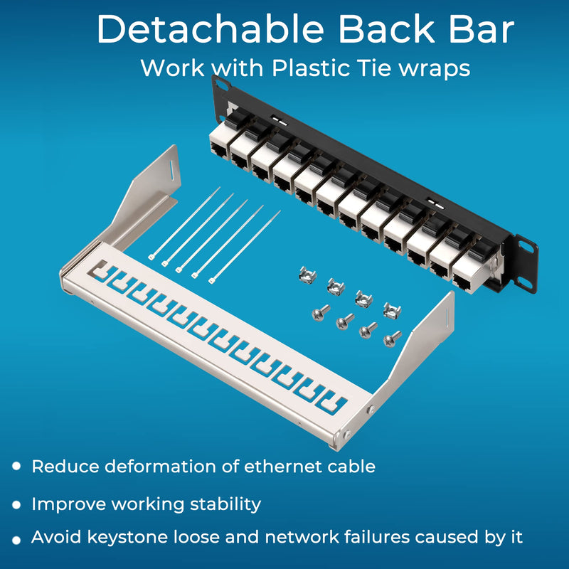 Rapink Mini 12 Port Cat6A Patch Panel with Inline Keystone 10G Support, Shielded 10-Inch with Removable Back Bar, 1U Network Patch Panel for Cat7, Cat6, Cat6A, Cat5e