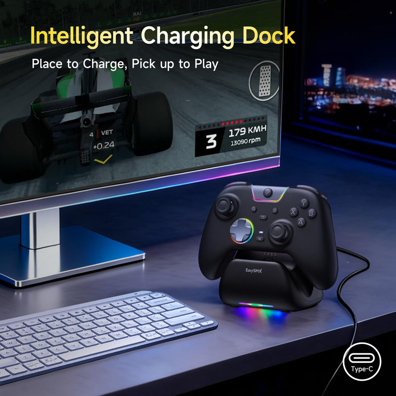 EasySMX X05Pro Wireless PC Gaming Controller with Smart Charging Dock | Hall Effect Joysticks, Full Quiet Buttons, Dual-Stage Linear Triggers, 8-Way D-Pad, PC/Android/iOS/Switch Compatible, Black
