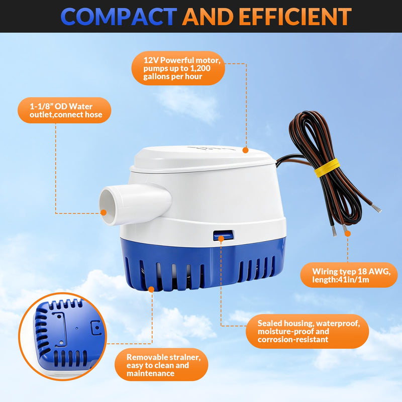 12V 1200GPH Automatic Marine Bilge Pump Kit, 1-1/8 Inch Submersible Drain Set with 6.3FT Hose, Pure Copper Clamps, Stainless Steel Hose Clamps, Thru-Hull Fitting & Seal Rings, Fits Yachts, Boats & RVs