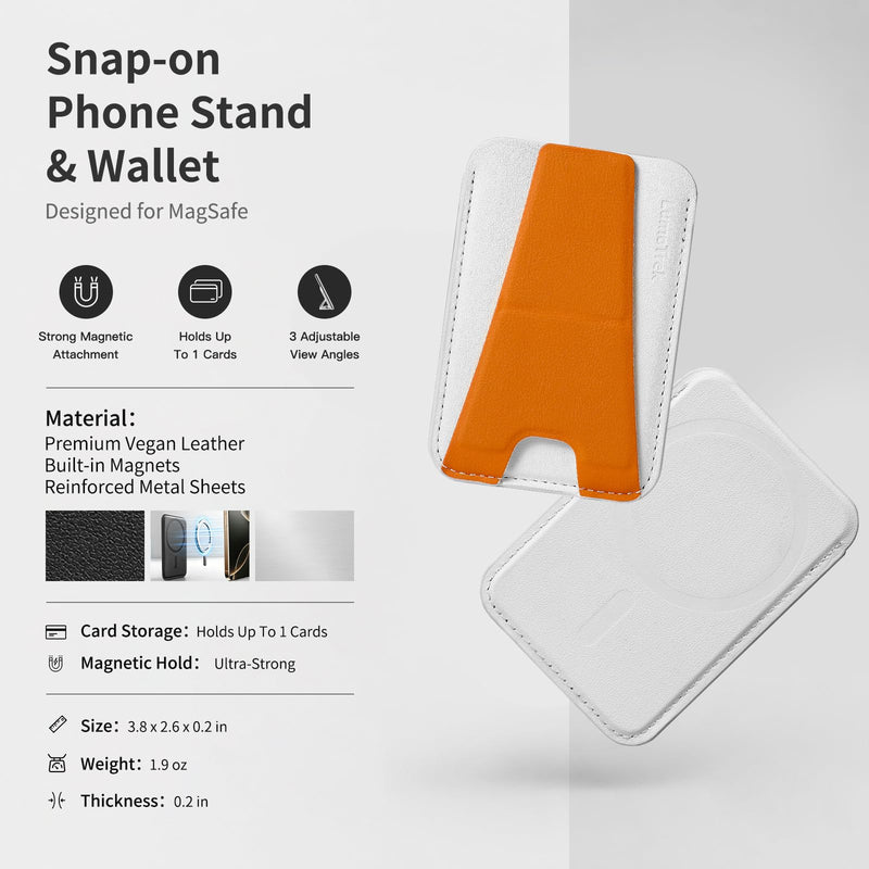 Tap & Go MagSafe Wallet Stand, 1-Card Magnetic Phone Wallet | with Grip, NFC-Friendly Slim Vegan Leather Card Holder, 3 Viewing Modes for iPhone 17/16/15/14/13/12, Black White/Orange