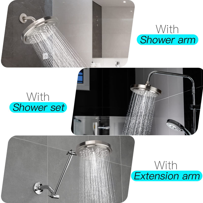 HOPOPRO High Flow Shower Head - High Pressure Rain - 7 Inch Rainfall Spray Showerhead - Tool-free 1-Min Installation - Adjustable Bathroom Shower Head Replacement with Luxury Look - Brushed Nickel