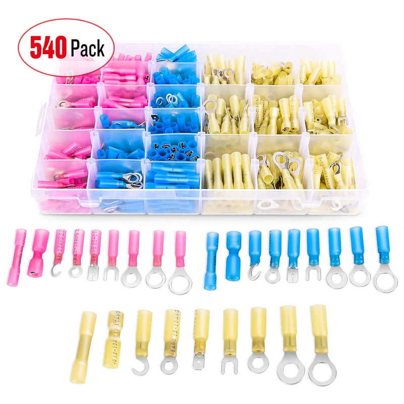 Nilight 540 PCS Heat Shrink Wire Connectors Waterproof Automotive Marine Electrical Terminals Kit Ring Fork Hook Spade Butt Splices 540Pcs Mixed Heat Shrink Terminals