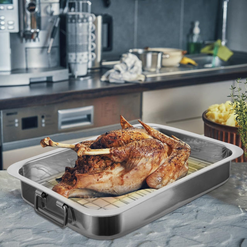 Cabilock Stainless Steel Baking Tray with Rack Rectangular Roasting Pan and Oven Tray Set for Baking Roasting Lasagna Chicken Turkey 14.17 X 10.23 X 2.36 in 36x26x6cm