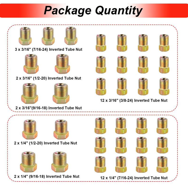 Tnisesm 35 PCS Threads Brake Line Fittings Assortment kits for 3/16"(19 Fittings) and 1/4" (16 Fittings) Inverted Flares Brake Line Tube 35Pcs-3/16“&1/4”