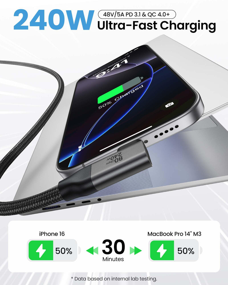 Silkland 80Gbps Right Angle USB 4 Cable for Thunderbolt 5 Cable 4FT, 120Gbps Bandwidth for 16K/Dual 8K, 240W, 90 Degree Braided USB C Video Cable Compatible Thunderbolt 4/5, MacBook M4 Pro,Dock 1